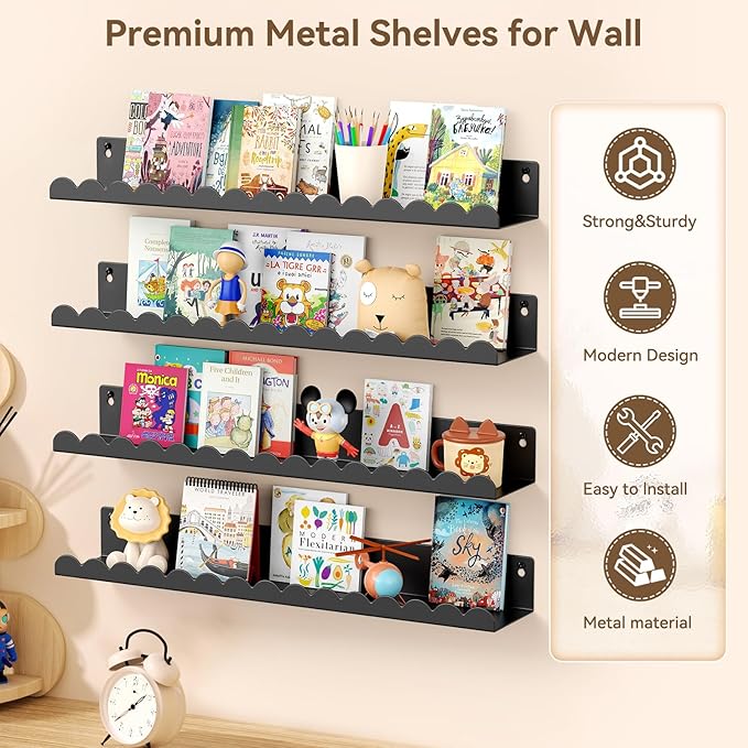 Floating Shelves for Wall, 23 Inch Metal Nursery Book Shelves 4 Pack, Wall Mounted Book Shelf for Kids Room, Bedroom, Bathroom, Playroom Decor (Black)