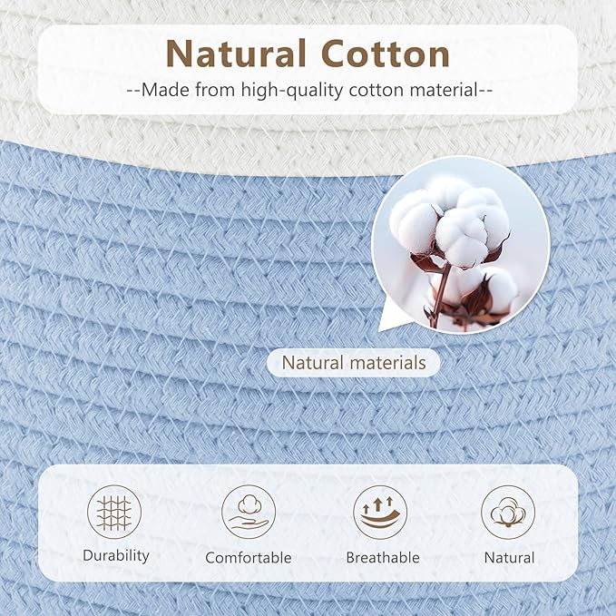 ECDYQXVU Cotton Rope Storage Basket, 15x10x9 Inches, Woven Basket for Shelves, Clothes, Towels, Books, and Laundry, White Blue (2 Pack)