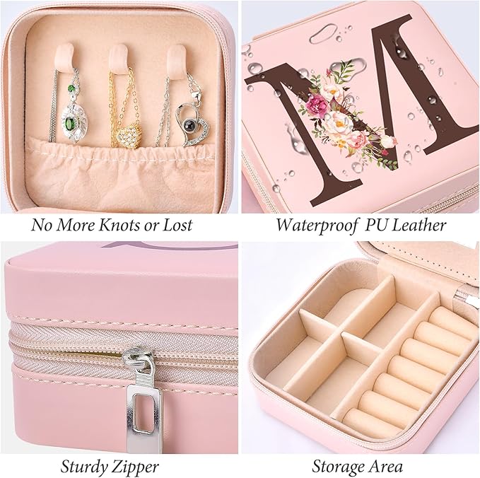 Inngeroo Personalized Graduation Gifts for Women - Customized Teacher Appreciation Gifts - Travel Jewelry Case Box Organizer for Wife Daughter Aunt Friend Grandma - Initial M