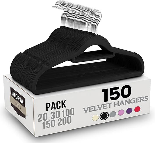 Utopia Home Premium Velvet Hangers 150 Pack - Non-Slip Clothes Hanger with Tie Bar - Black Hangers with 360 Degree Rotatable Hook - Heavy Duty Coat Hanger