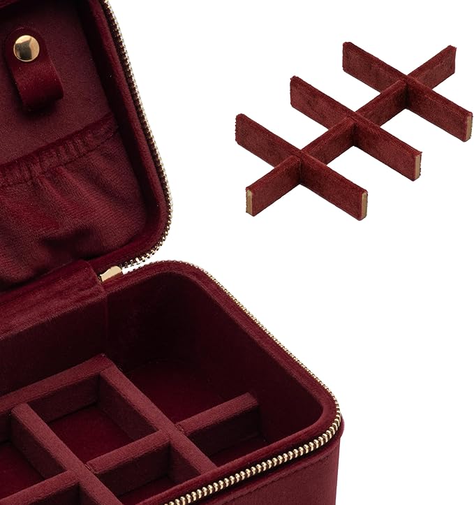 Velvet Travel Jewelry Organizer Box with Zipper Around,Portable Accessory Display Tray Holder Storage Case for Multiple Earrings Rings Necklaces Bracelets (Red)