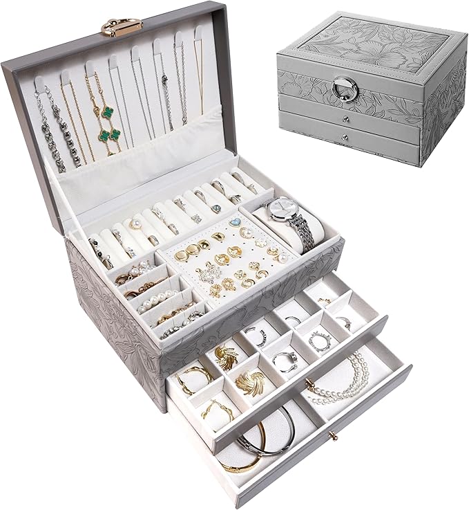 TOFUNTOY Jewelry Organizer Box, Large Jewelry Boxes for Women, 3-Layer Jewelry Holder Organizer for Necklace Earrings Rings Bracelets Storage, Gift for Her Mom