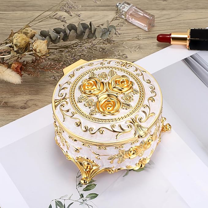 Hipiwe Round Jewery Box Metal Trinket Organizer Decorative Keepsake Box for Trrasure Ring Earring Holder Vintage Jewelry Display Case, Beige, 5.7" L x 5.1" W x 3.5" H