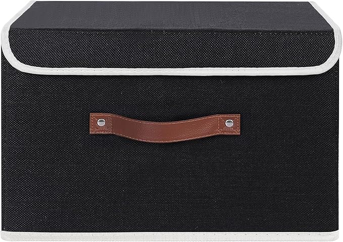 ANMINY 2PCS Storage Bin with Lid Storage Boxes with PU Leather Handles PP Plastic Board Decorative Foldable Lidded Cotton Linen Fabric Home Cubes Baskets Closet Organizer Container - Black, Medium