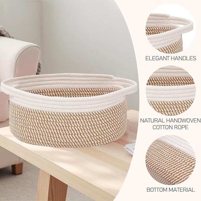 JMvicyroam Woven Basket,Small Rope Storage Bin with Handles & Ribbon Bag, Organizer for Shelves Closets,Gift Basket Empty for Birthday,Books,Dog Toys, White&Brown Block/3 Pack