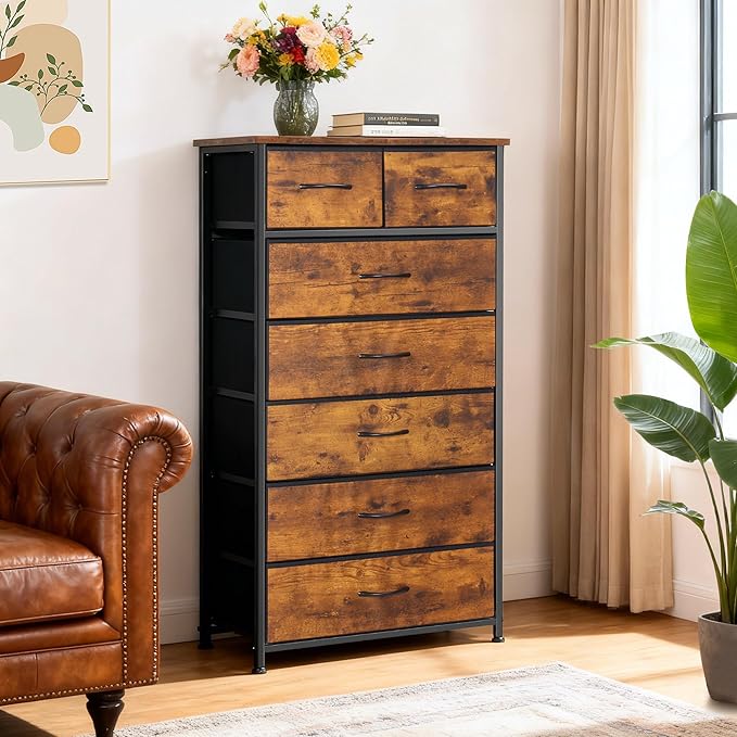 Mifuro Tall Dresser for Bedroom, Vertical Storage Organizer Tower with 7 Drawers, Chest of Drawers with Fabric Bins, Steel Frame, Wood Top for Bedroom, Closet, Entryway- Rustic Brown