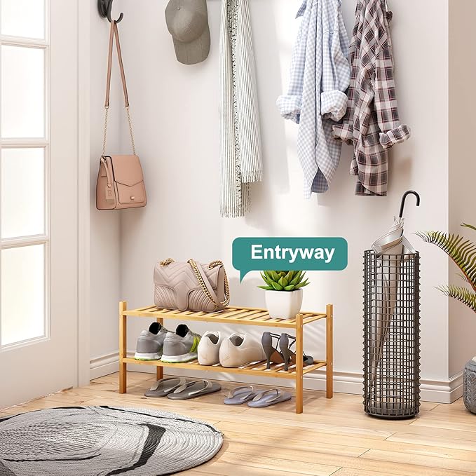 viewcare 2-Tier Bamboo Shoe Rack for Entryway, Bamboo Wood Shoe Organizer for Hallway Closet, Free Standing Shoe Racks for Indoor Outdoor
