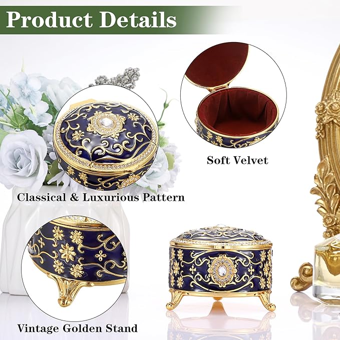 Hipiwe Vintage Jewelry Box Round Metal Treasure Chest Box Enameled Jewelry Trinket Box for Ring Earrings Necklace,Sparkling Keepsake Box Gift for Birthday Christmas,Blue