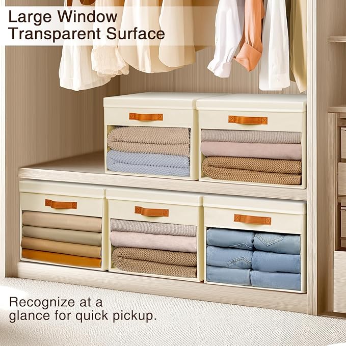 Homsorout Large Storage Bins with Lids - 4 Pack Foldable Decorative Organizers with Clear Windows & Handles, Cube Storage Organizers for Clothes, Blankets, Sweaters, Sheets, Beige