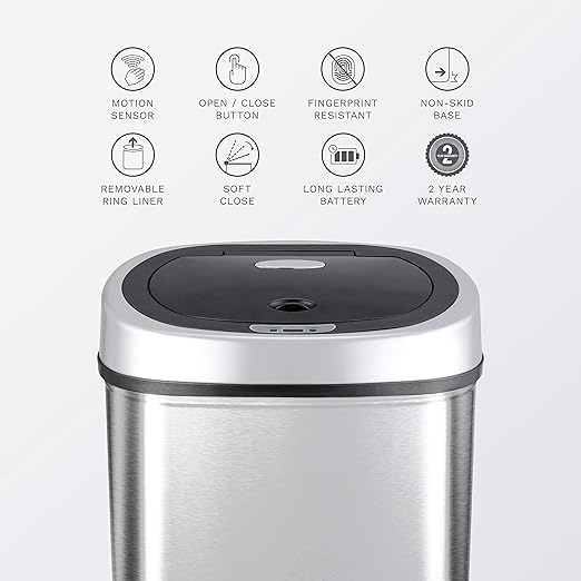 Ninestars DZT-42-9 Automatic Touchless Infrared Motion Sensor Trash Can, 11 Gal 42L, Stainless Steel Base (Oval, Silver/Black Lid)