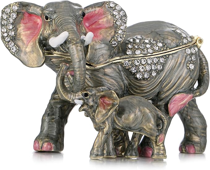 Hand Painted Animal Trinket Box for Home Decor, Hinged Jewelry Organizer Storage, Unique Personalized Collectible Keepsake Figurine Handmade Decorative Ornament Gifts (Mom & Baby Elephant)