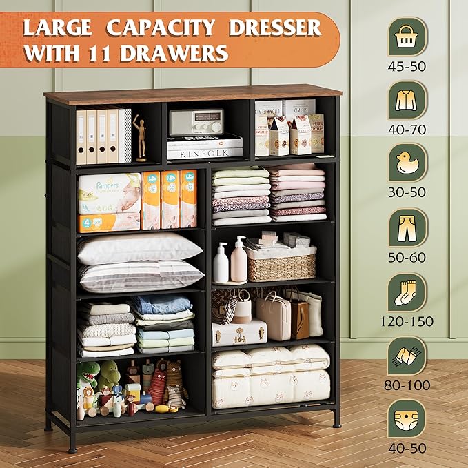 WLIVE Storage Organizer Unit with 11 Fabric Bins, Storage Drawers Organizer with Steel Frame, Tall Storage Tower Organizaton for Living Room, Hallway, Office, Pattern