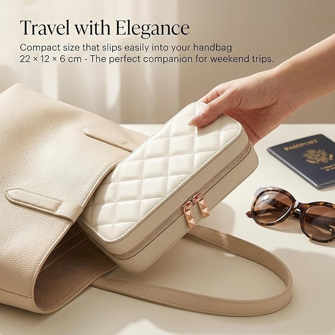 Travel Jewelry Case with Mirror, Quilted Small Jewelry Box Organizer for Women Girls, Portable Earring Necklace Bracelet Ring Holder Storage for Travel Weekend Trips (Beige)