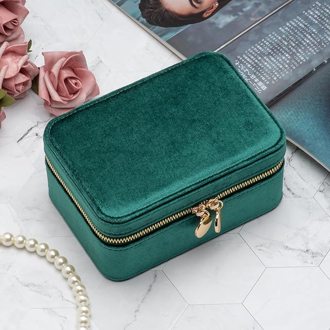 Velvet Travel Jewelry Organizer Box with Zipper Around Portable Accessory Display Tray Holder Storage Case for Multiple Earrings Rings Necklaces Bracelets (Green)