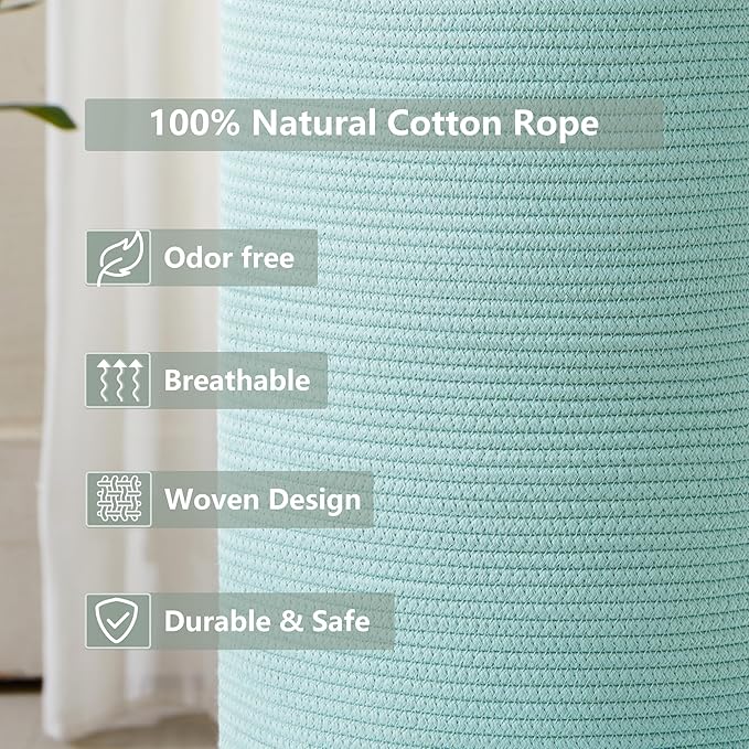 15Dx20H Inches Tall Green Cotton Rope Laundry Hamper Woven Basket for Clothes Blanket Storage in Bedroom Living Room for Baby Nursery Kids Toys Organize 62L Large Capacity
