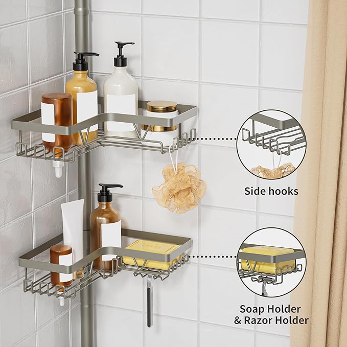KEGII Shower Caddy Tension Pole, 4-Tier Rustproof Adjustable Corner Bathroom Organizer for Renters, 25–114.2 Inch No Drill Space-Saving Shower Storage Rack, Silver Gray