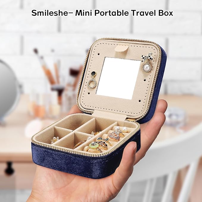 Plush Velvet Travel Jewelry Box for Women & Girls - Small Portable Organizer, Storage Case for Rings, Earrings, Necklaces & Bracelets – Ideal Gift for Travel & Occasions (Dark blue)
