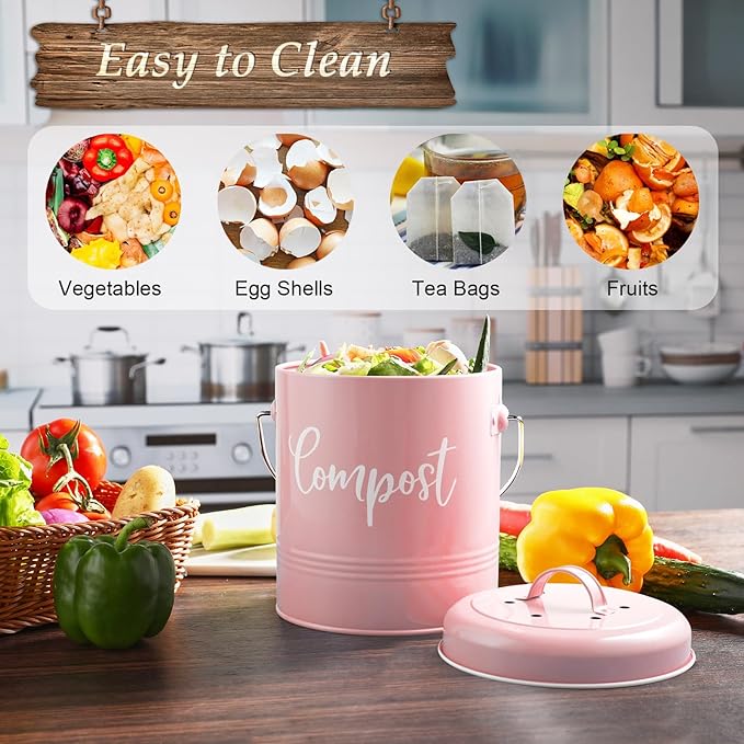 DAYYET Compost Bin Kitchen, 1.3 Gallon Farmhouse Kitchen Compost Bin Countertop, Indoor Countertop Compost Bucket with Lid and Charcoal Filters, Pink
