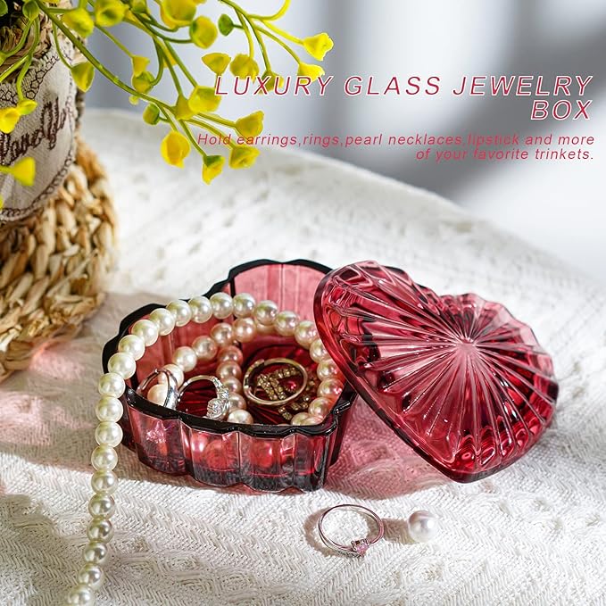 kanpura Crystal Glass Heart-Shaped Jewelry Box,Candy Box with Lid,Women's Covered Earrings Necklace Chest Trinket Storage Box, Glass Jar Christmas Gifts for Women and Girls(Burgundy)