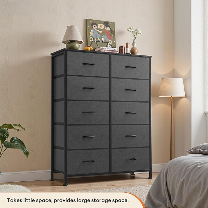 Sweetcrispy 10 Drawer Dresser, Tall Fabric Dresser for Bedroom, Storage Tower with Bins Chest Organizer Unit for Closet, Hallway, Steel Frame Wood Top, Easy Pull Handle, Grey