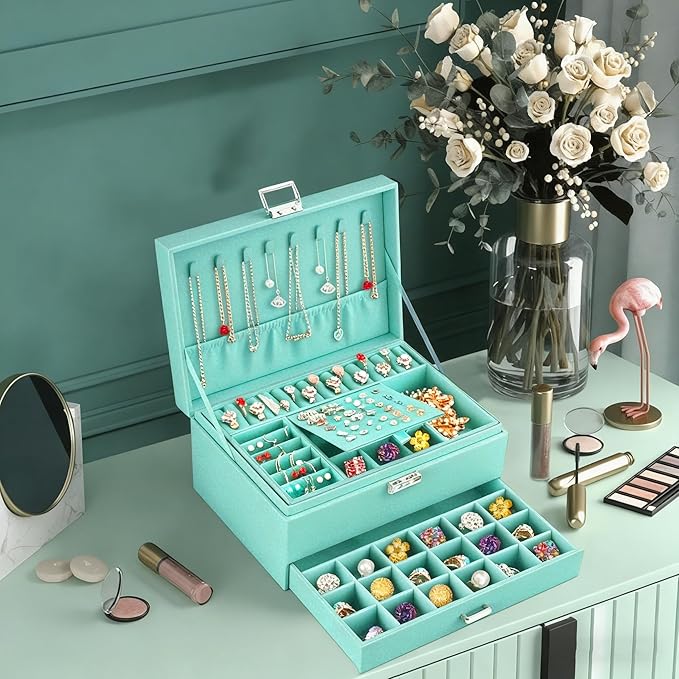 QBestry 3-Layer Jewelry Box for Girls & Teens with Lock and Key, Large Jewelry Organizer with 8 Necklace Hooks & 56 Earring Holes, Teal Velvet Jewelry Storage Box for Necklaces Earrings Rings Bracelet