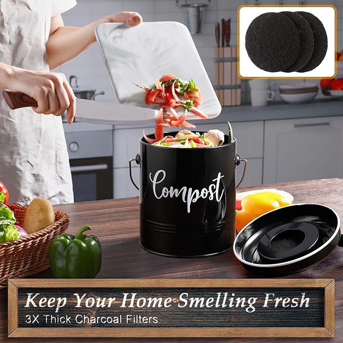 DAYYET Compost Bin Kitchen, 1.3 Gallon Farmhouse Kitchen Compost Bin Countertop, Indoor Countertop Compost Bucket with Lid and Charcoal Filters, Black