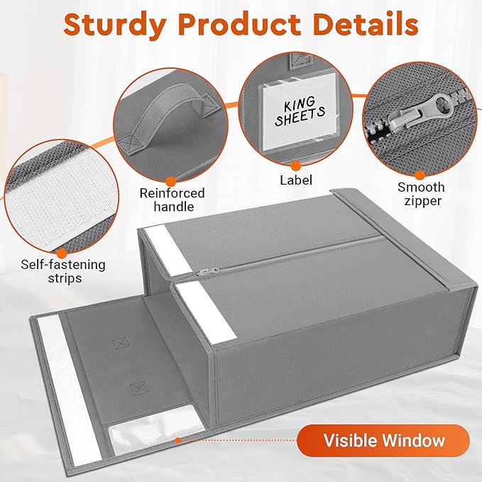 StorageTastic 2 Pack Bed Sheet Closet Organizers and Storage,Sturdy Foldable Storage Containers with Window and Label,Storage and Organization for Bedding Sheets,Duvet Covers,Blankets (Grey)