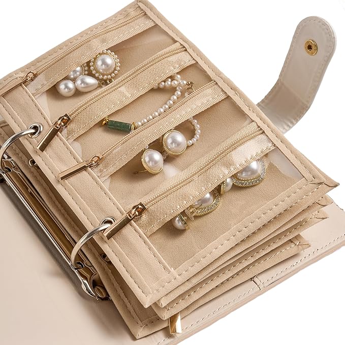 PU Leather Jewelry Binder Organizer Box - Bracelet Earring Rings Necklaces Jewelry Boxes Travel Case with Zipper Velvet Pouch Bags, Gift for Women - Cream White