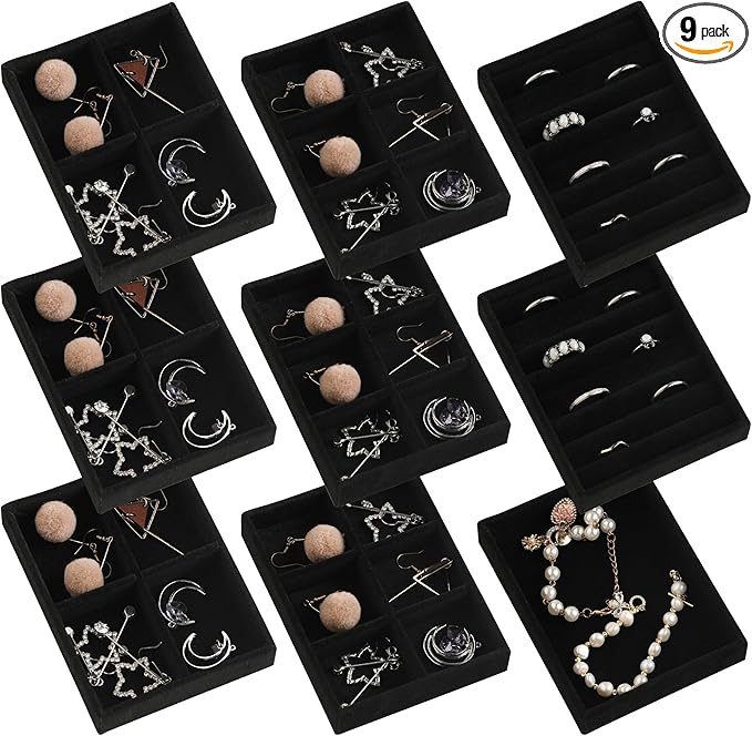 Frebeauty Small Jewelry Tray Set,Stackable Velvet Jewelry Organizer Tray,Mini Jewelry Drawer Organizer,Drawer Inserts,4.92 x 3.74 x 0.9 Inches,Earring Organizer for Women(Set 9,Black)