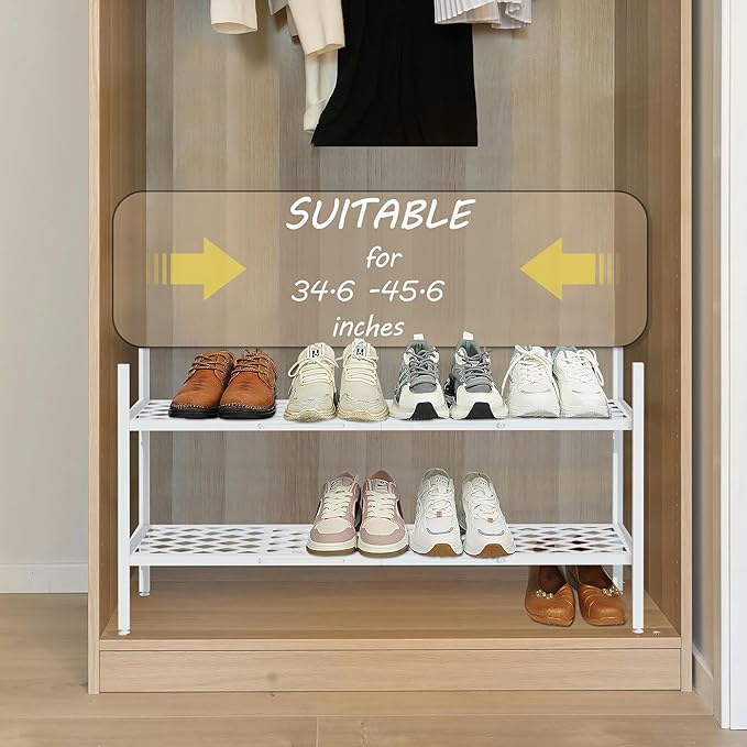 Shoe Rack, Expandable Shoes Organizer Metal Shelf Stand, 2 Tier Stackable Long Shoe Storage Holder For Closet, Floor, Entryway, Garage, Bedroom, Door Entrance For 12-18 Pairs, 45.6 inches White