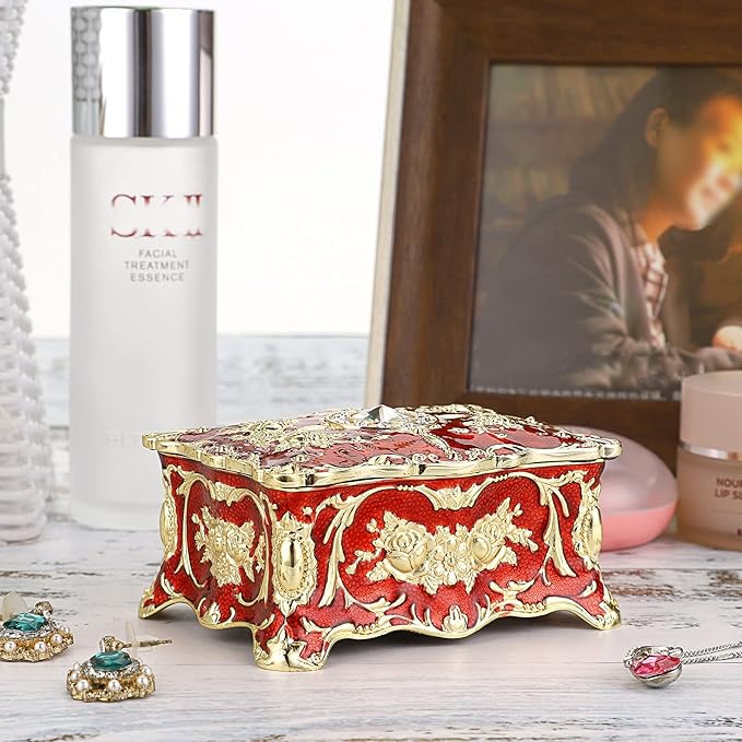 Hipiwe Vintage Jewelry Box, Small Enameled Trinket Box Organizer Rectangular Treasure Chest Box Jewelry Decorative box Keepsake Gift Box Case for Women,3.7x 2.7x 2 inch