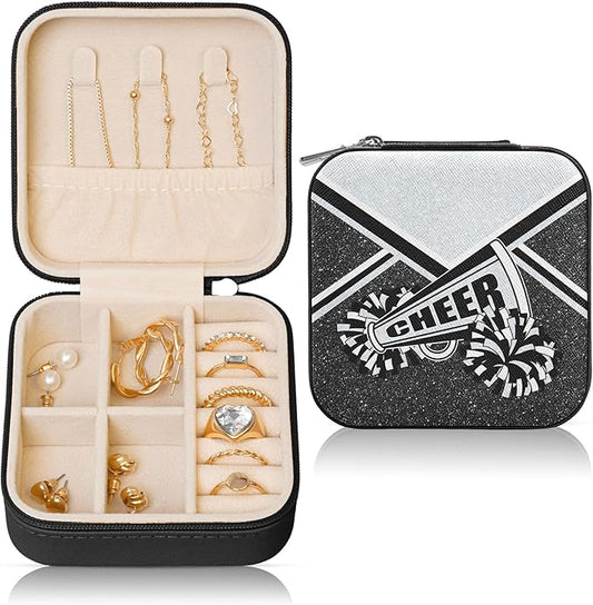 Cheerleader Jewelry Case, Mini Travel Box for Women, Cheer Team Gifts for Girls (Silver)
