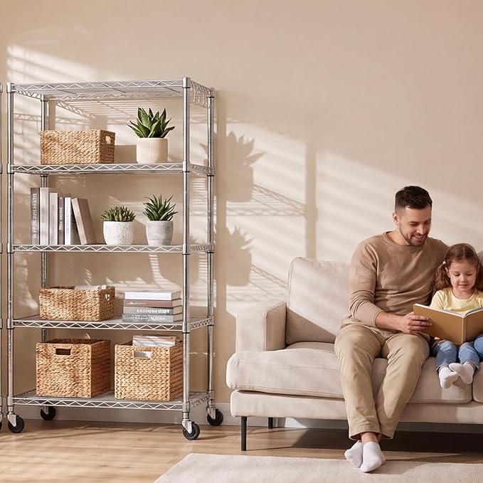 PrimeZone 2 Pack Steel Storage Wire Shelving 5 Tier Metal Shelves with Wheels,Adjustable Kitchen Utility Shelving Unit,Pantry Rack Rolling Metal Shelf Laundry,Chrome 24" Wx18 Dx75 H