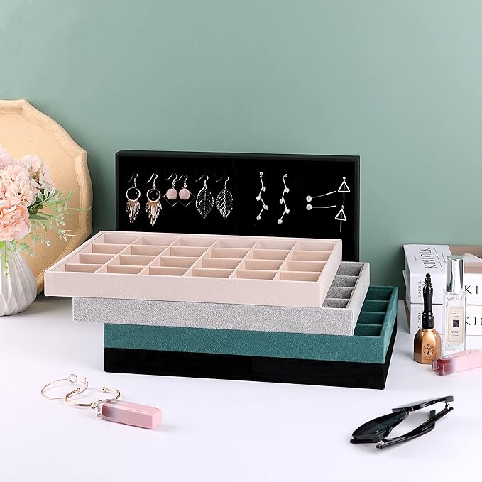 Large Velvet Jewelry Tray, Drawer Organizer for Jewelry in Dresser, Stackable Jewelry Drawer Organizer Inserts for Earring Necklace Bracelet Rings(Green,24grid)