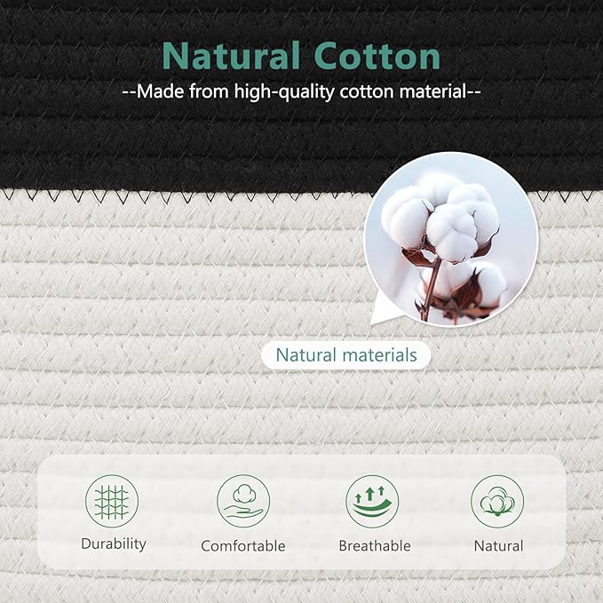 ECDYQXVU Cotton Rope Storage Basket, 15x10x9 Inches, Woven Basket for Shelves, Clothes, Towels, Books, and Laundry, Black/ White (2 Pack)