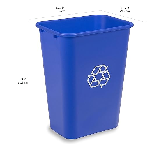 Amazon Basics Rectangular Commercial Office Wastebasket, Easy to Clean, Lightweight, 10 Gallon, Blue, Recycle Logo