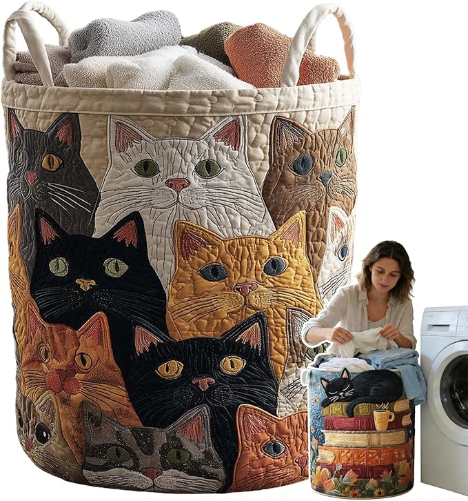 Cat Quilted Laundry Basket - 18"/22"/28", 2026 Large Quilted Cat Laundry Basket with Handles, Cozy Cat Fabric Storage Hamper for Nursery, Bedroom, Laundry Room, Clothes & Toys (5, M 16"X22")