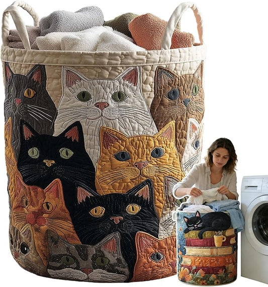 Cat Quilted Laundry Basket - 18"/22"/28", 2026 Large Quilted Cat Laundry Basket with Handles, Cozy Cat Fabric Storage Hamper for Nursery, Bedroom, Laundry Room, Clothes & Toys (5, S 14"X18")