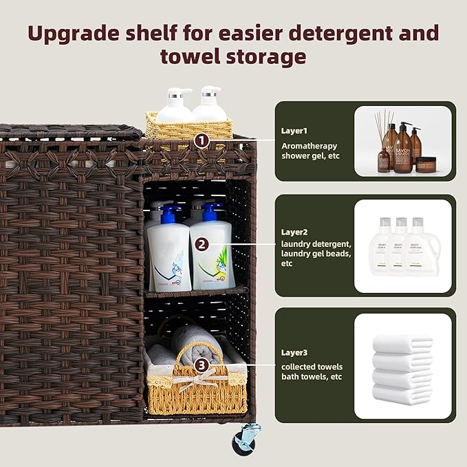 Laundry Hamper with Lid, 160L Rattan Wicker Laundry Basket with Wheels, Handwoven Laundry Hamper 2-Section with Storage shelf(42.3 Gal), Laundry Sorter Basket with Removable Liner, Brown HLH032BR