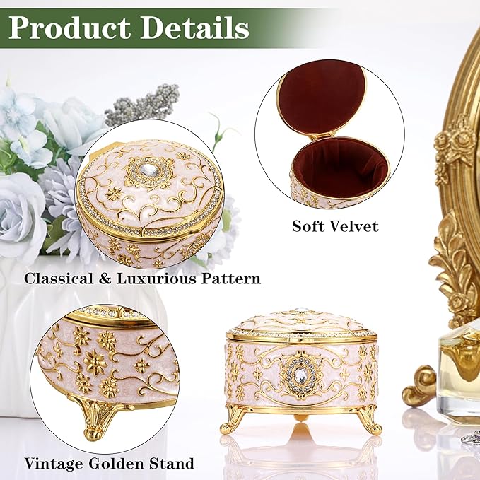 Hipiwe Metal Jewelry Box Small Treasure Chest Box Vintage Round Trinket Organizer Ring Holder Enameled Jewelry Box for Earrings Necklace Holder Gift for Birthday Christmas,Home Decor,Beige