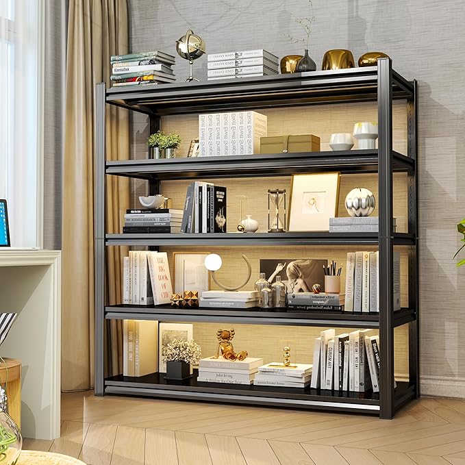 Garage Shelves,45''W Heavy-Duty Storage Shelves, Double-Layer Uprights, Thickened Shelves, Waterproof &Rustproof, Suitable for Indoor & Outdoor Use. (BLACK, 5TIER 45''W*16''D*72''H, 5-TIER)