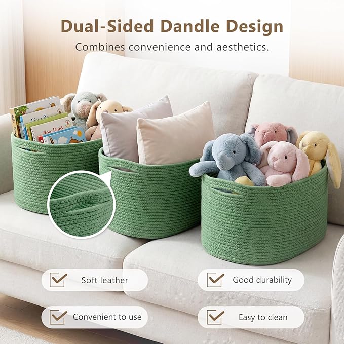 ECDYQXVU Cotton Rope Storage Basket, 15x10x9 Inches, Woven Basket for Shelves, Clothes, Towels, Books, and Laundry, Green (1 Pack)