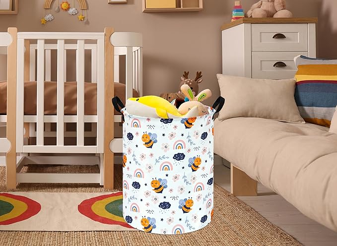 MAIZMZ Rainbow Bee Print Canvas Laundry Basket,Waterproof Storage Bin with Handles 15.7" D×19.7" H Foldable Toy Organizer Decor Gift Basket for Kids' Bedroom & Home Organization