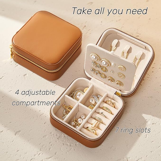 Travel Jewelry Box, PU Leather Small Jewelry Organizer for Women Girls, Portable Mini Travel Case Display Storage Holder Boxes for Stud Earrings, Rings, Necklaces (Brown)