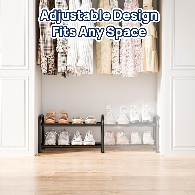 ENJOYBASICS 2 Tier Expandable Shoe Rack for Closet, Free Standing Metal Shoe Shelf Storage Organizer Holder 8 Pairs, Adjustable Width Shoe Rack for Entryway Small Space, Black