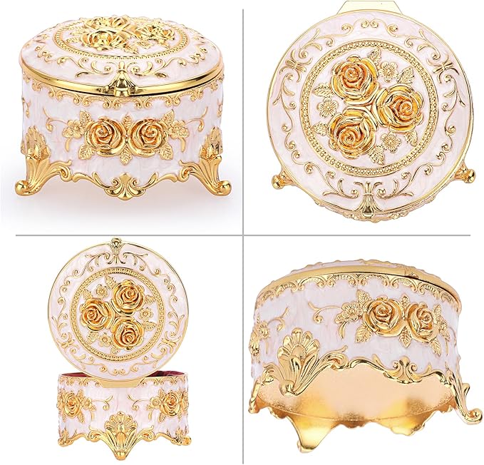 Hipiwe Vintage Round Jewelry Box Small Trinket Storage Organizer Box Gold Metal Chest Ring Case Treasure Box Keepsake Box Earrings Necklace Storage Box Gift for Women, Small