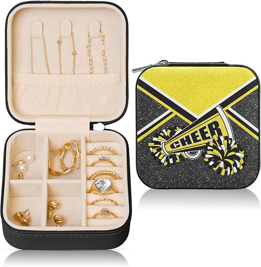 Cheerleader Travel Jewelry Case, Cheer Travel Jewelry Box for Women, Mini Jewelry Travel Case for Cheer Team, Cheerleader Gifts for Girls (Gold)