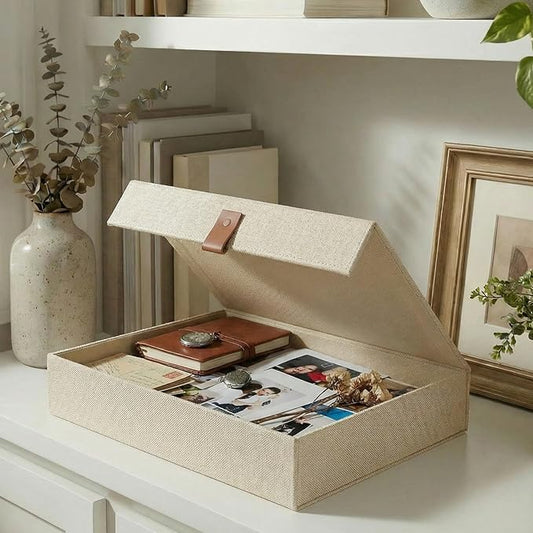 ZICOTO Decorative Photo Storage Box with Lid - A Beautiful Linen Organizer Perfect to Safely Store Your Pictures, Documents, Scrapbooking Supplies, Keepsakes and Other Memories in Style