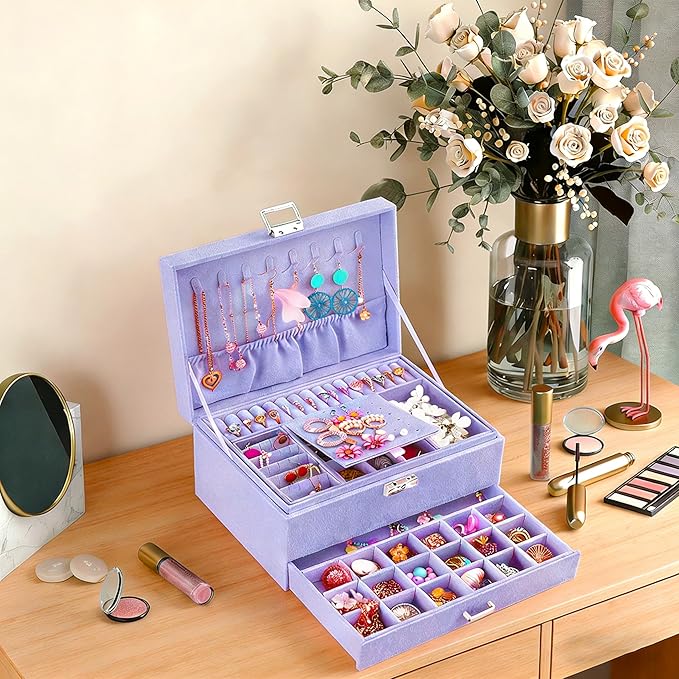 QBestry 3-Layer Jewelry Box for Girls & Teens with Lock and Key, Large Jewelry Organizer with 8 Necklace Hooks & 56 Earring Holes, Violet Velvet Jewelry Storage Box for Necklace Earring Ring Bracelet