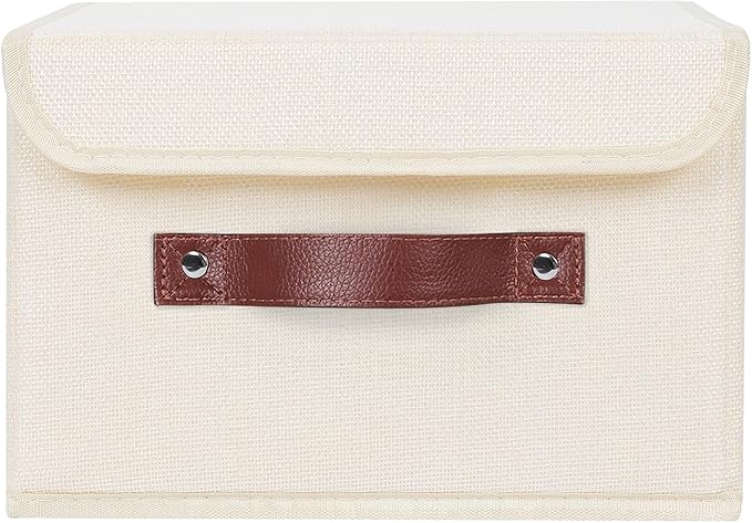 ANMINY Storage Bin with Lid Storage Boxes with PU Leather Handles PP Plastic Board Decorative Foldable Lidded Cotton Linen Fabric Home Cubes Baskets Closet Organizer Container - Beige, Medium